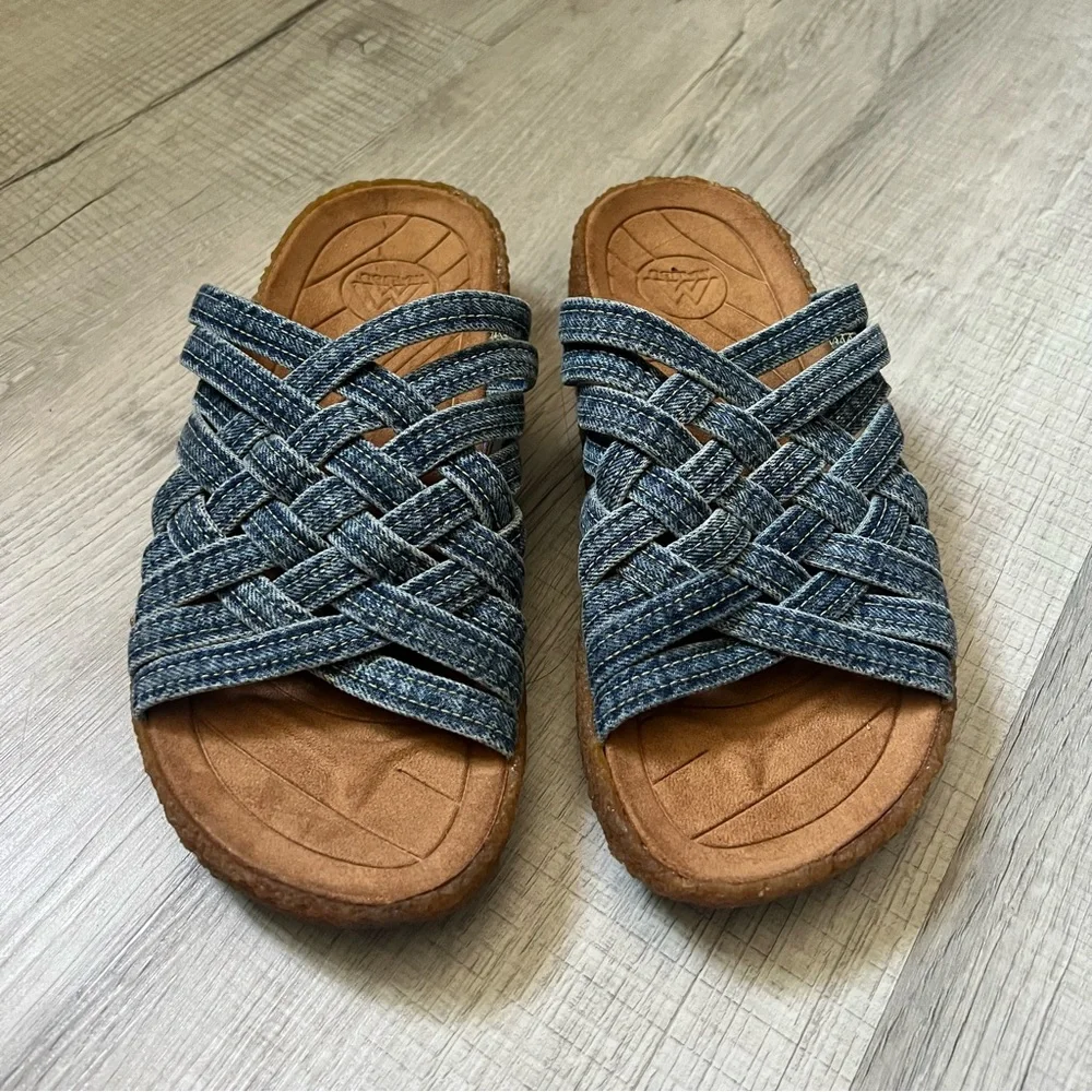 orSlow x MALIBU SANDALS Zuma Washed Indigo Denim Crepe Blue Woven Slide Sandals